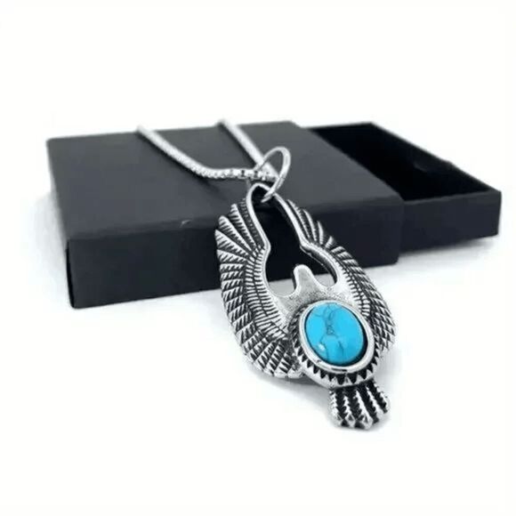 Stainless Steel Eagle Turquoise Unisex Pendant Necklace - Picture 2 of 5
